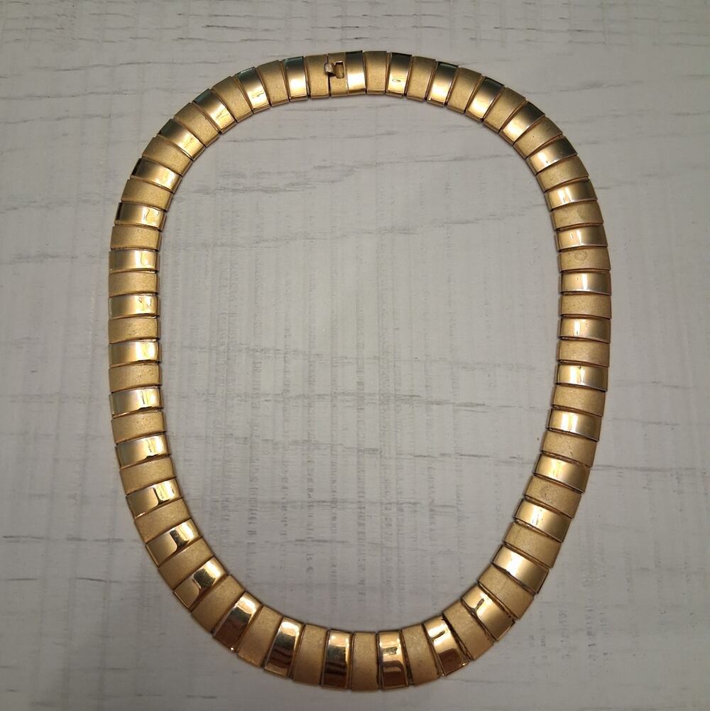 Cleopatra Articulated Choker Necklace Brushed and Shiny Gold Tone Panels 16"